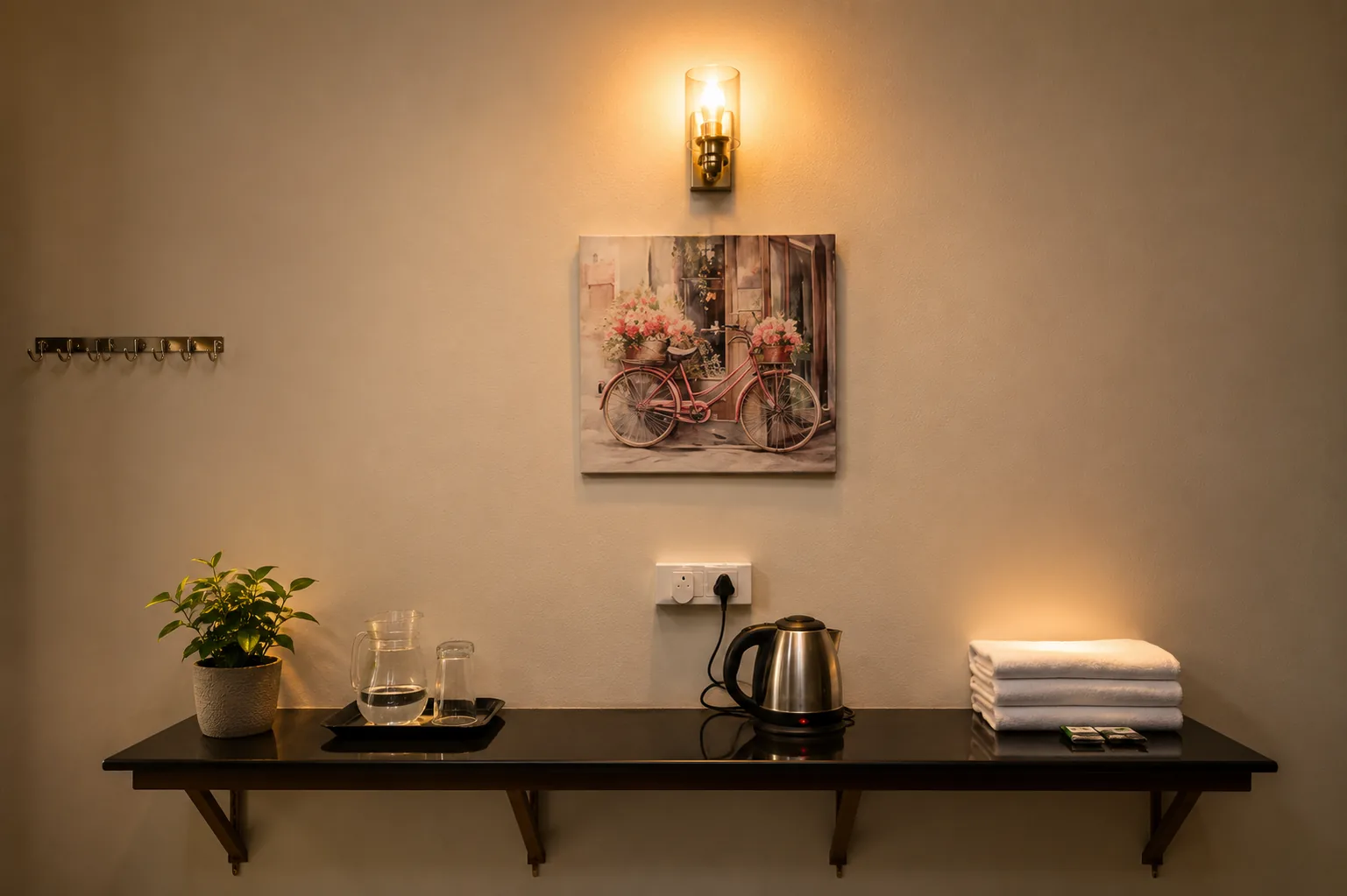 In-room console with kettle, water, glasses and folded towels under a brass sconce