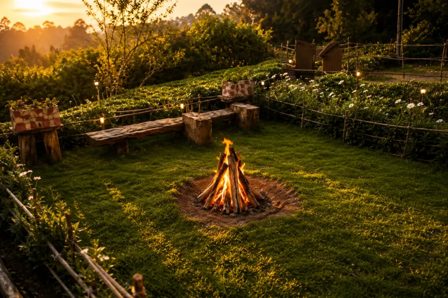 Fire pit in the garden at sunset