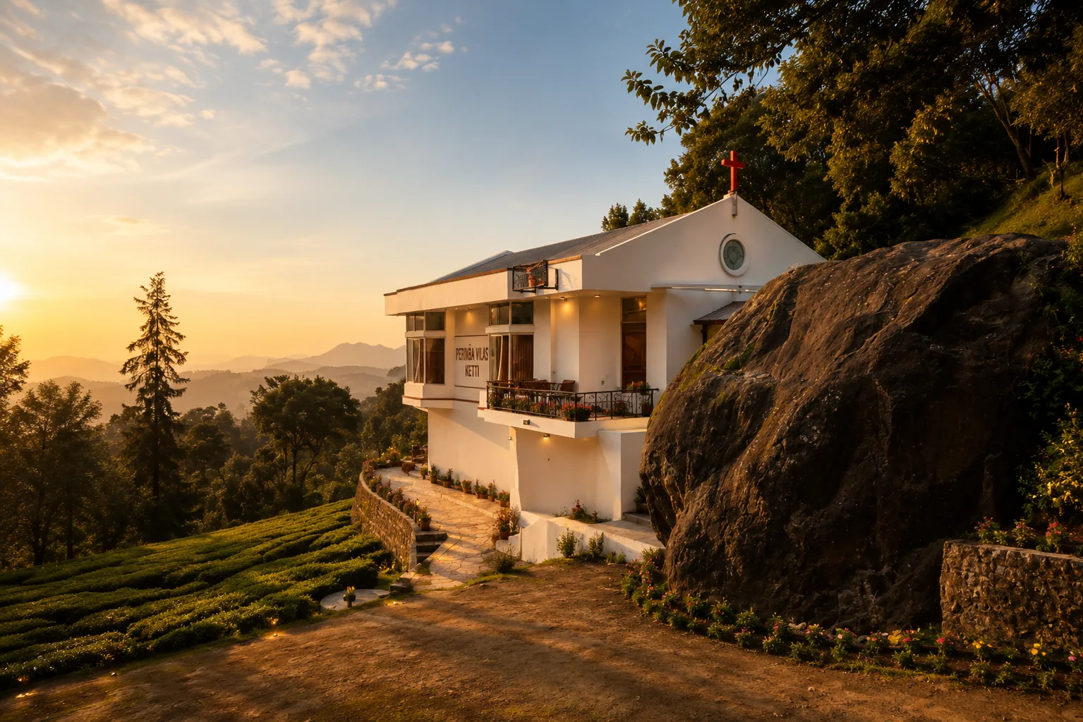 The house in golden light with tea plantation rows running downhill