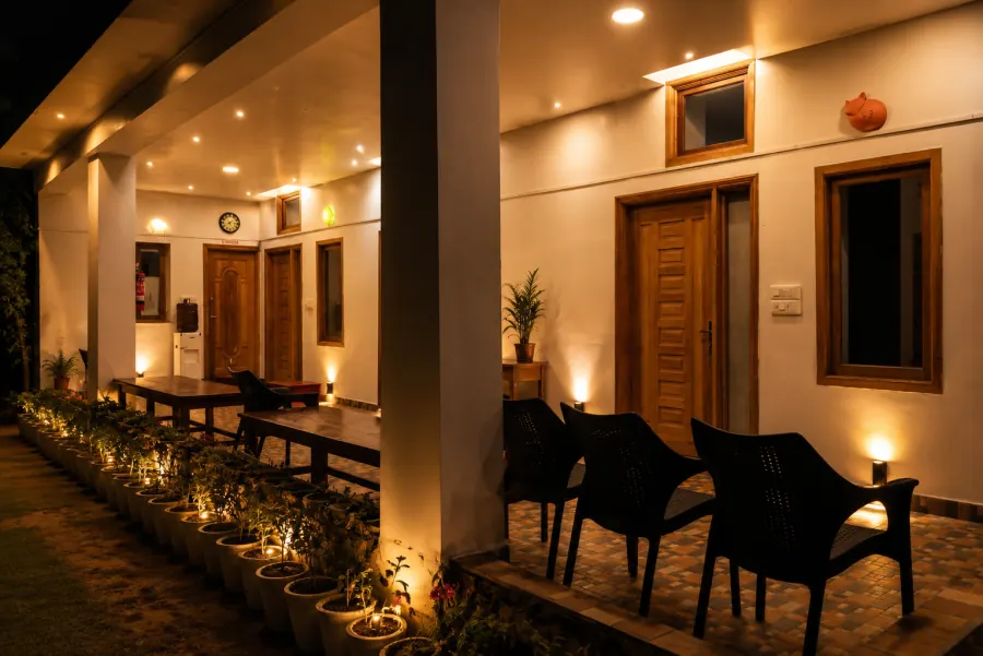 Lit verandah with communal tables